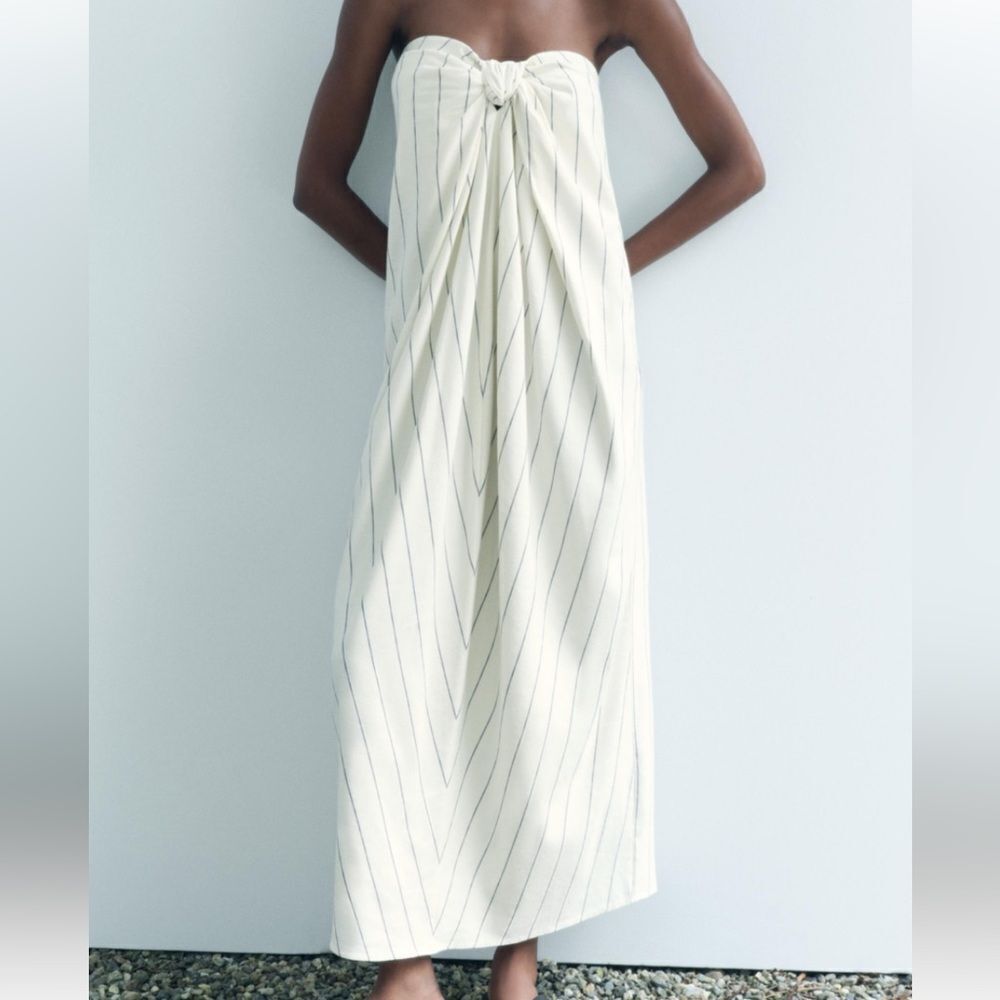 Zara NWT Cream Strapless Midi Dress with Thin Black Pinstripes